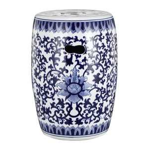 Ceramic Garden Stool, Small Side Tabel - White / Blue