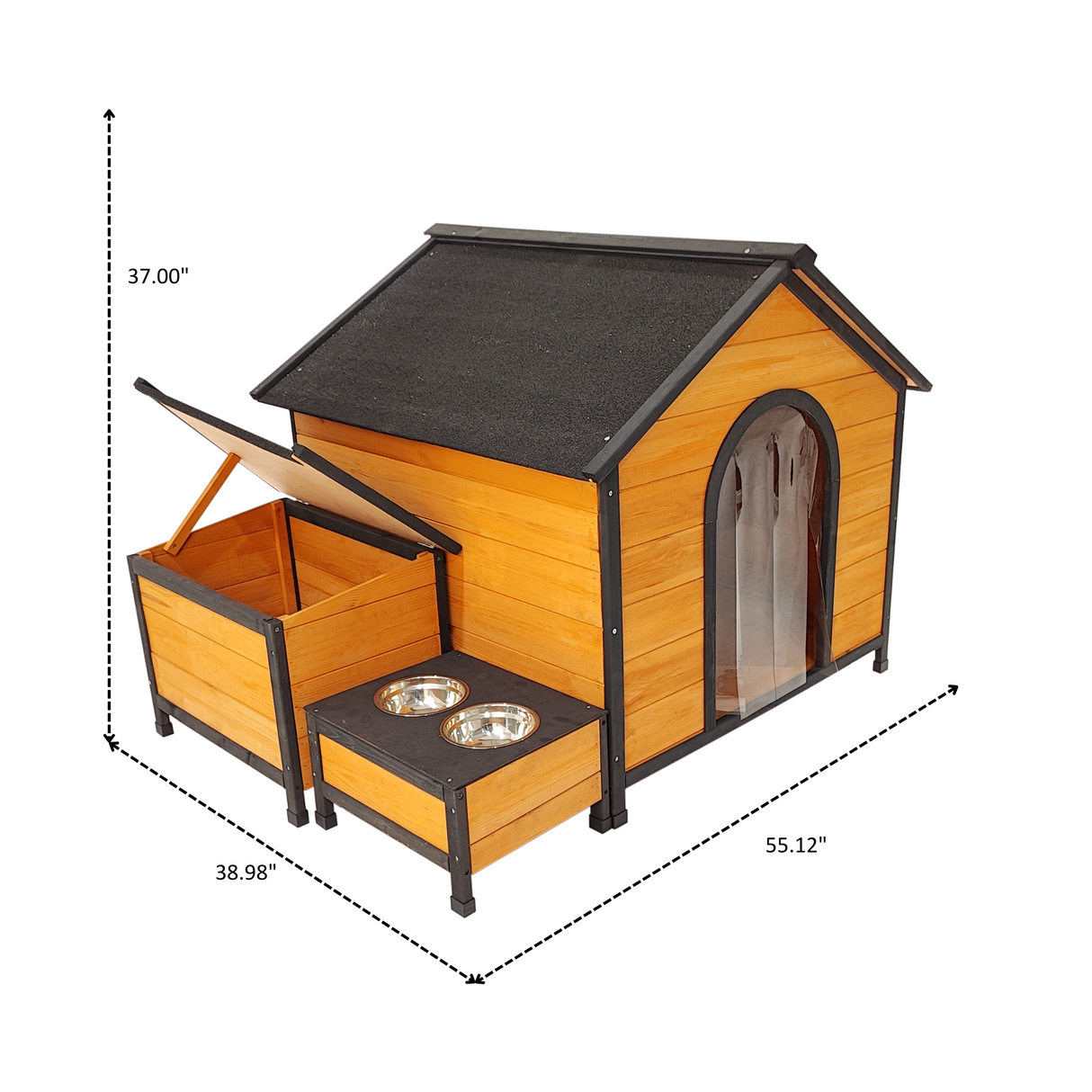 XPT088 Wearable and Strong Wooden Dog House with Metal Bowls and Toy Box