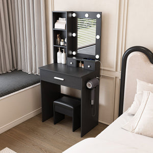 Vanity Set with Mirror, Adjustable LED Lights & Power Outlet - Wood & Mirror