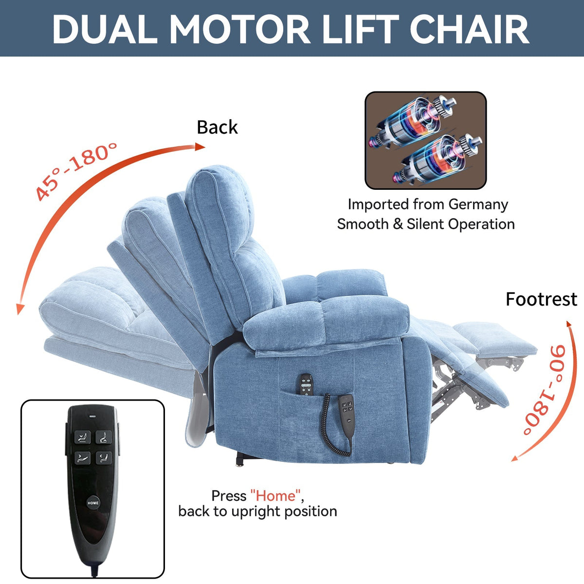 Blue Heat Massage Dual Motor Lift Recliner Chair with Electric Heat - Blue
