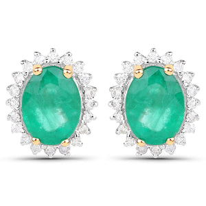 2.66 Carat Genuine Zambian Emerald and White Diamond 14K Yellow Gold Earrings