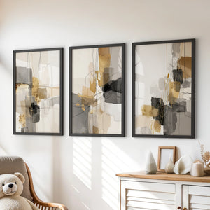 Neutral Abstract Wall Art Set of 3. Beige, Gray, Gold Prints