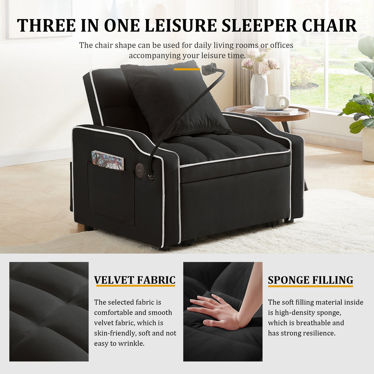 Sleeper Sofa Chair Bed - 3 In 1 Convertible Sofa