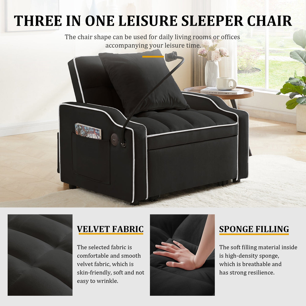 Sleeper Sofa Chair Bed - 3 In 1 Convertible Sofa