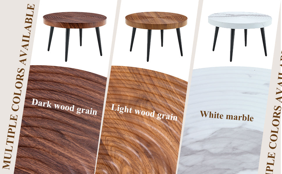 Modern Round Coffee Table - Walnut Pattern MDF And Black Metal Legs