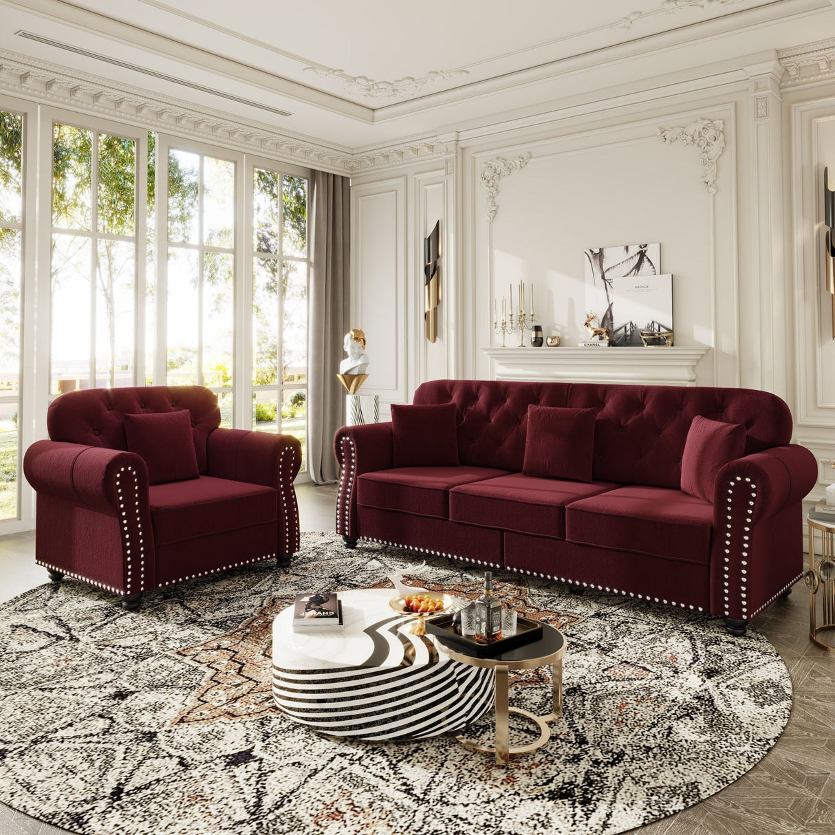 Upholstered Sofa Set With Nailhead Trim and Rolled Armrests, Includes Pillows