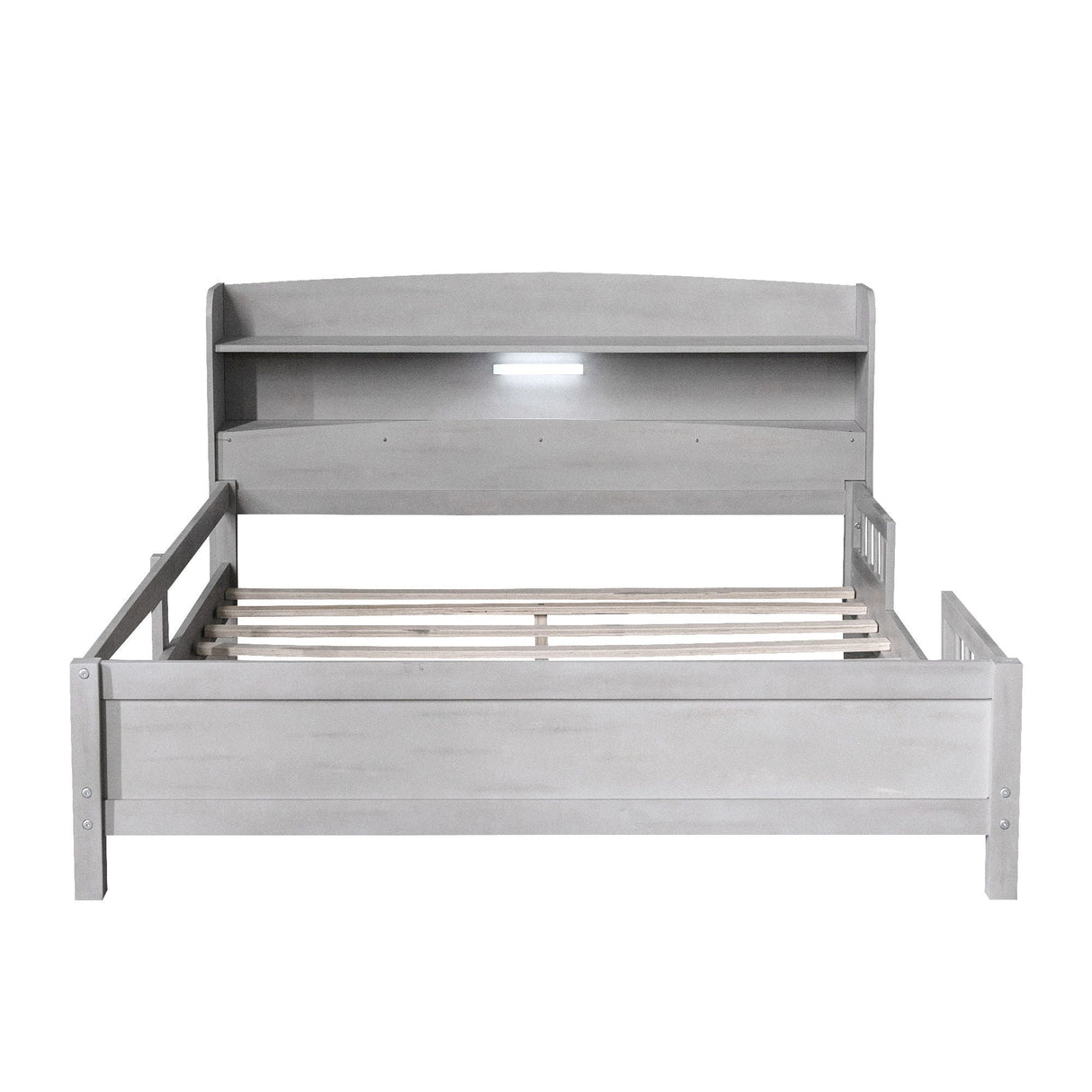 Wood Platform Bed With Built In LED Light, Storage Headboard And Guardrail
