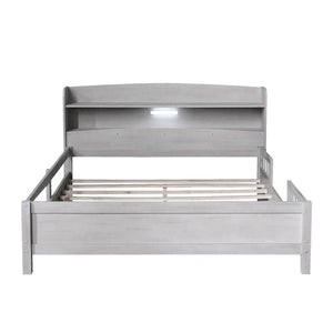 Wood Platform Bed With Built In LED Light, Storage Headboard And Guardrail