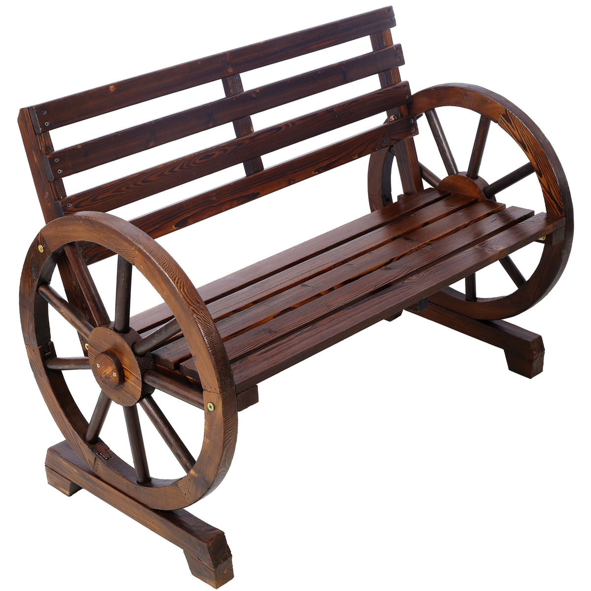 Rustic Country 2 Person Wooden Wagon Wheel Bench With Slatted Seat And Backrest - Brown