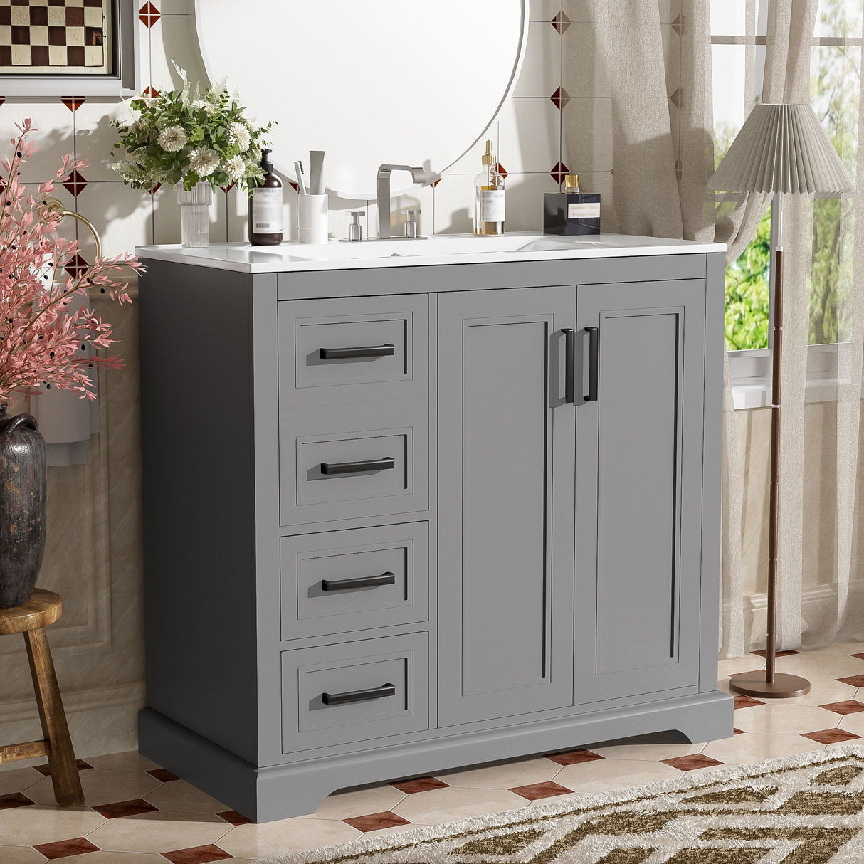 Bathroom Vanity With Sink, Soft Close Doors, Adjustable Shelf & 3 Drawers
