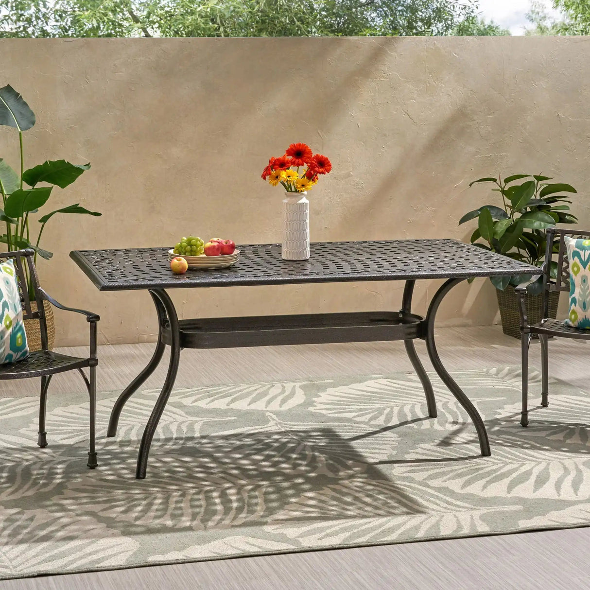 Celestine Outdoor Cast Aluminum Dining Table With Floral Lattice Design And Umbrella Holder