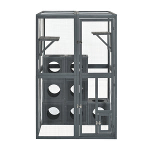 Grey Pine Wood Outdoor Cat House with Shelves and Weather Protection