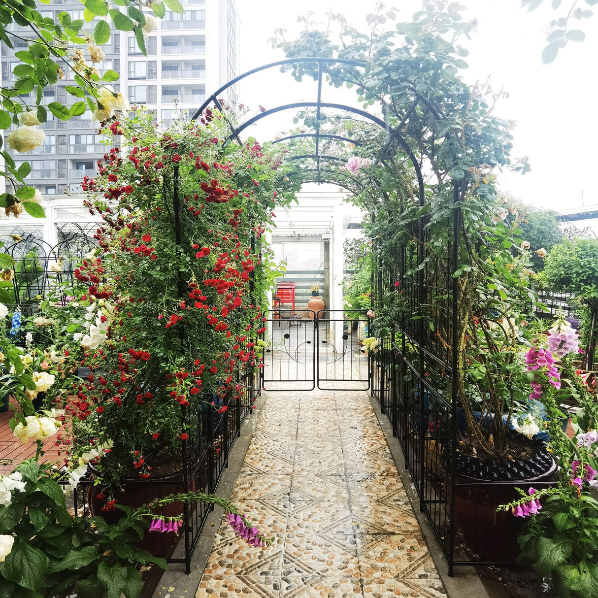 Metal Garden Arch With Two Plant Stands Wide High Climbing Plants Support Rose Arch Outdoor - Black
