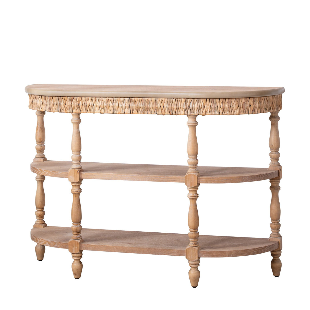 Handcrafted Wood Console Table with Hand-Woven Trim, 3-Tier Storage Shelves, Oval Entryway Table with Carved Legs, Rustic Coastal Farmhouse Accent Table, 49' Hallway Sofa Table