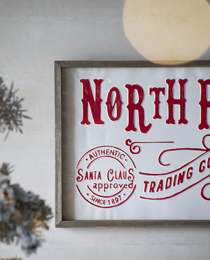 Iron / Wood North Pole Trading Company Wall Sign, For Christmas Holiday Table Wall Decor - White / Red
