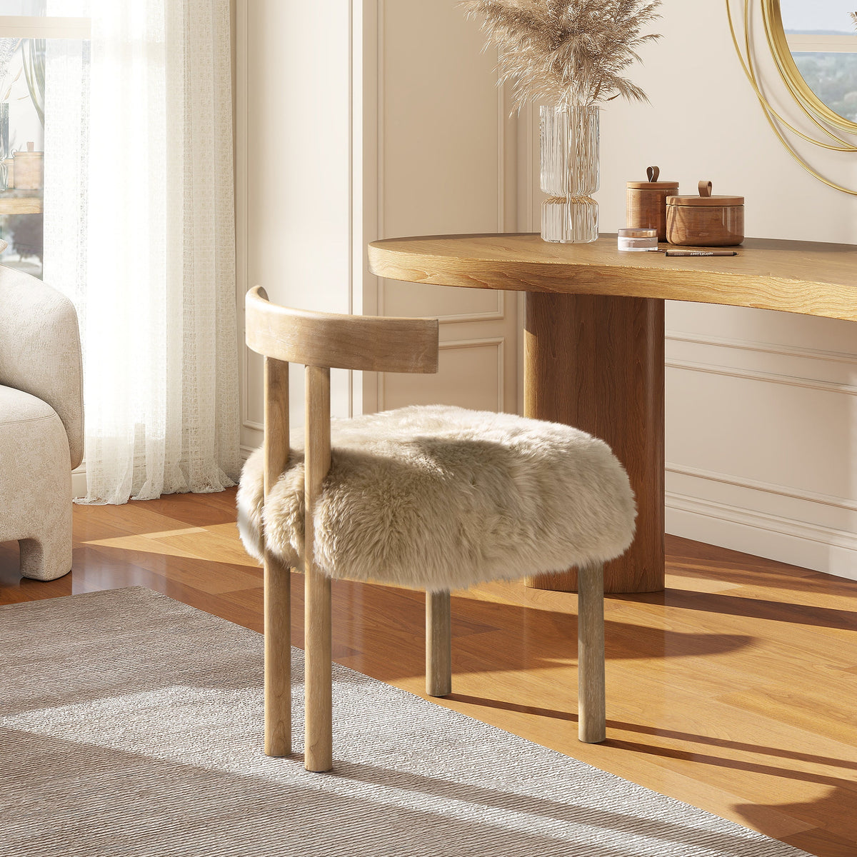 Arden 19.5" Genuine Sheepskin Fur Split Back Dining Chair with Solid Wood Base - White