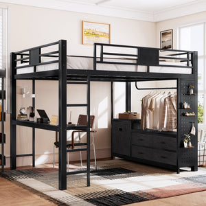 Queen Size Loft Bed with Desk & Shelves