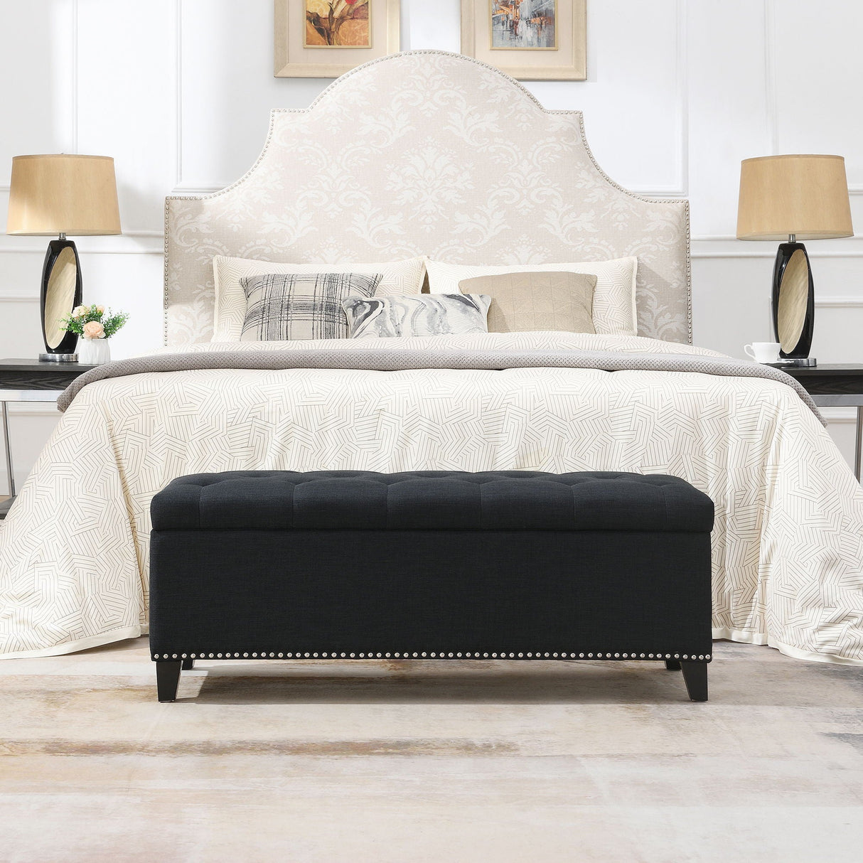 Button Tufted Storage Ottoman, Living Room Bench With Safety Close Hinge - Black