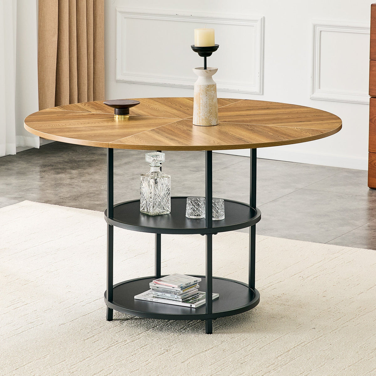 47.3-Inch Diameter Modern Circular Dining Table with Double-Layer Storage - Black, Wood