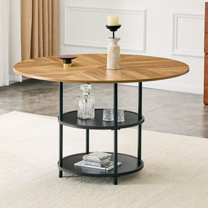 47.3-Inch Diameter Modern Circular Dining Table with Double-Layer Storage - Black, Wood