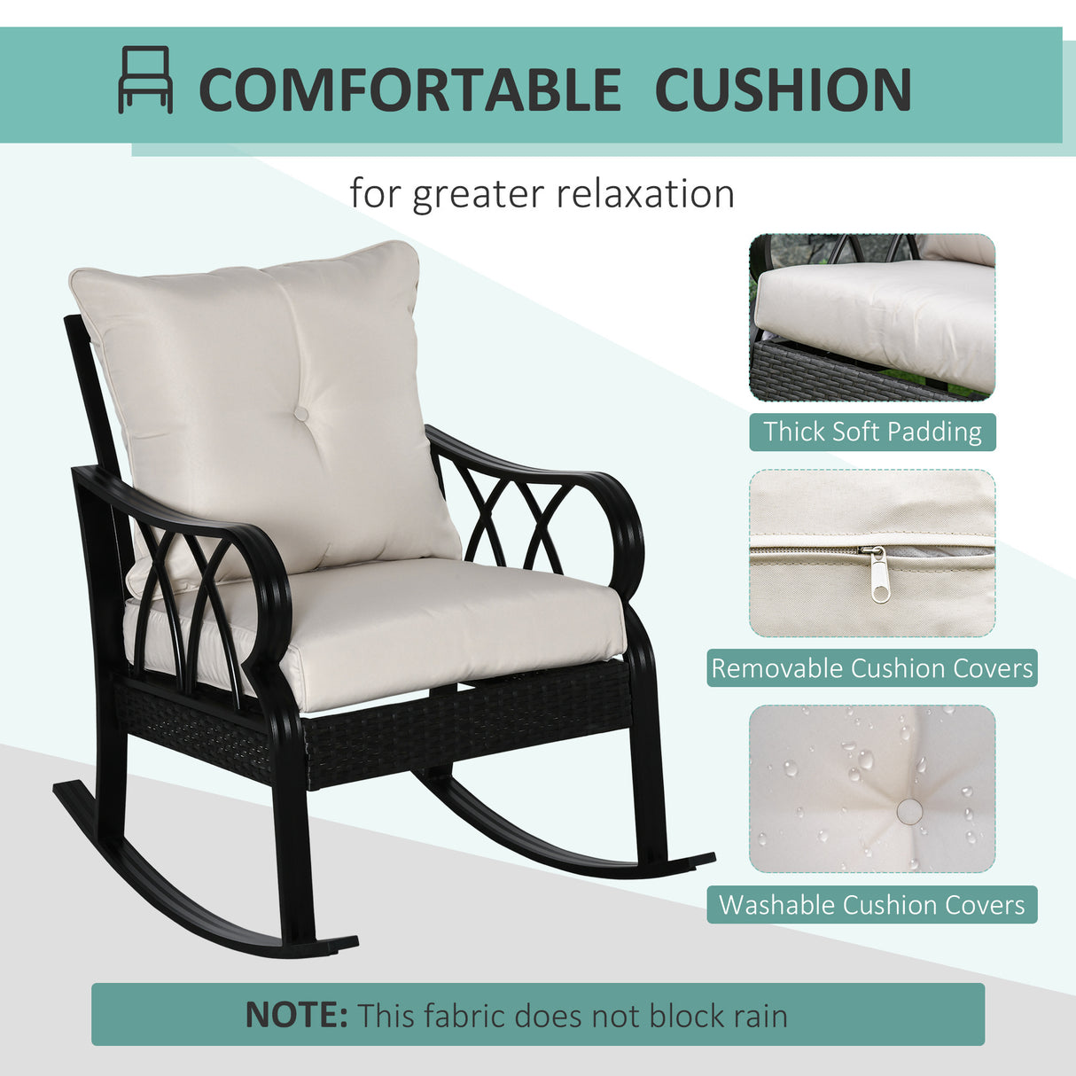 Outdoor wicker rocking chair with padded cushions, aluminum furniture rattan porch rocker chair w/ armrest