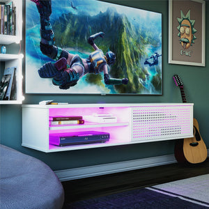 Glitch Floating TV Stand For TVs Up To 60" With RGB Lighting And Sliding Door - White