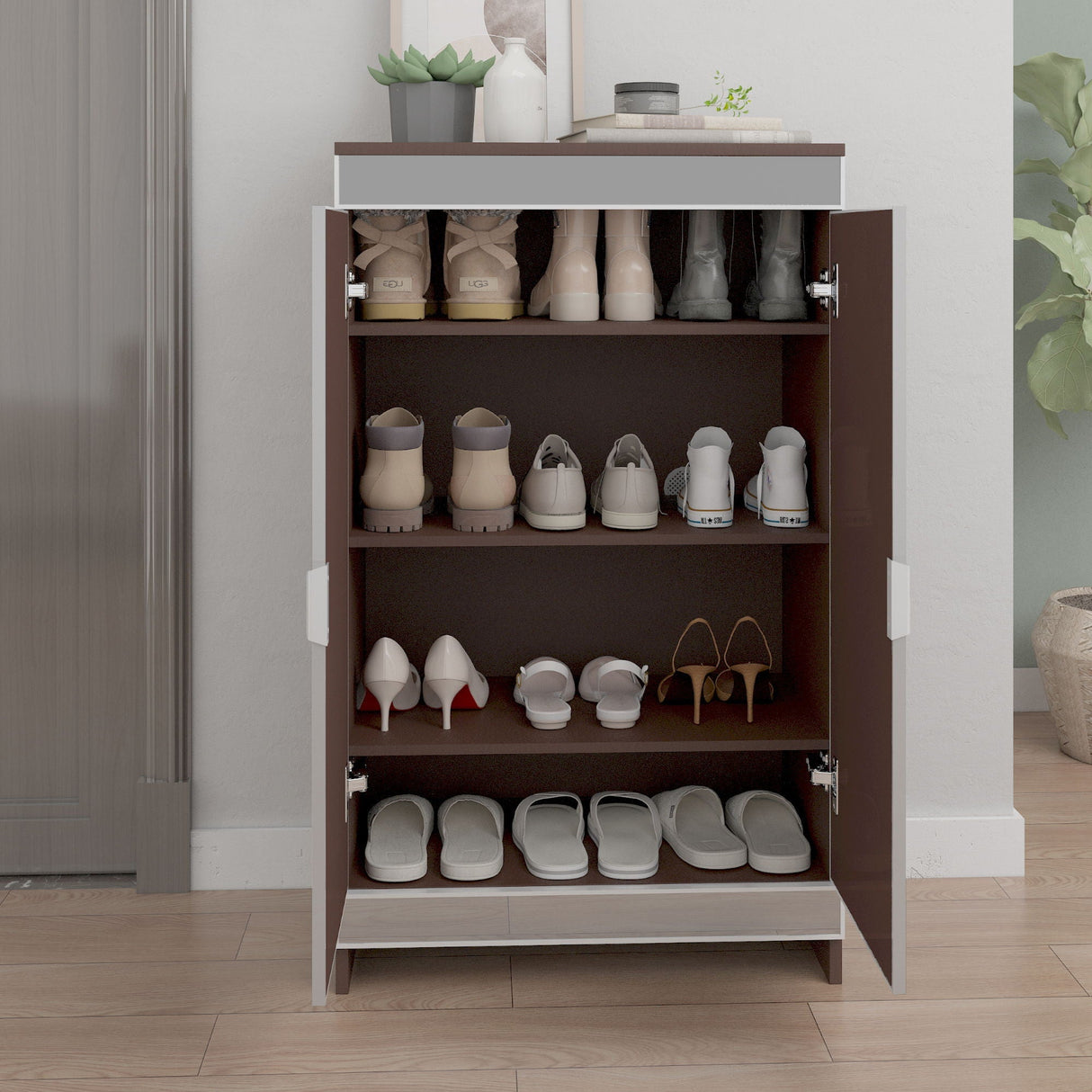 Elegant Decor Mirrored Shoe Cabinet with Edging Double Door Storage Cabinets
