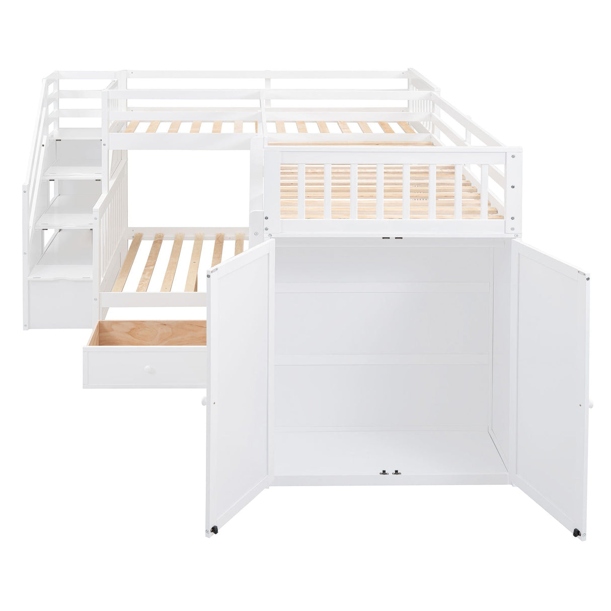 L Shaped Bunk Bed With 3 Drawers, Portable Desk And Wardrobe