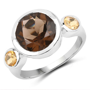 3.56 Carat Genuine Smoky Quartz and Citrine .925 Sterling Silver Ring