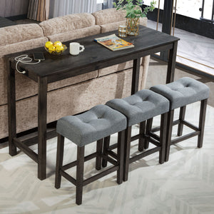4 Piece Bar Table Set With Power Outlet, 3 Padded Stools