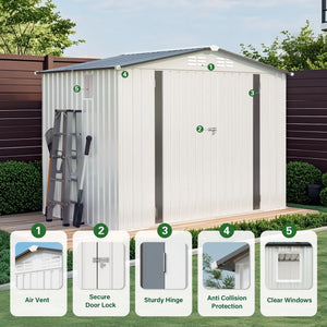 Outdoor Garden Storage Shed, Tool Shed With Pitched Roof Waterproof With 1 Window And 2 Lockable Door - White / Gray