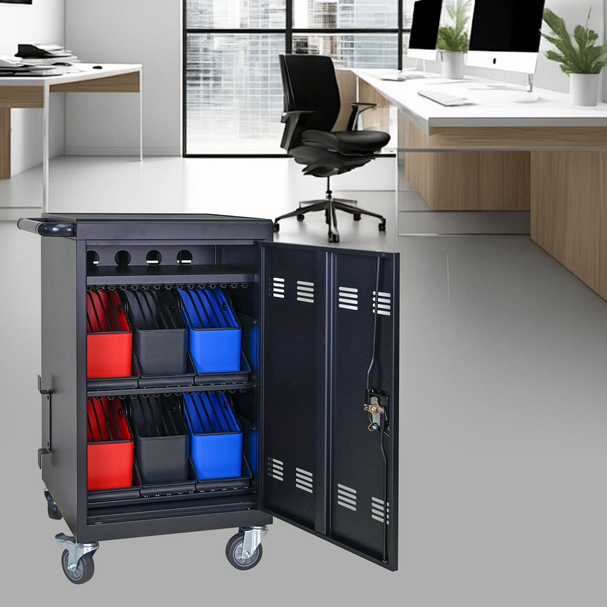 32 Bit Device Charging Trolley For Tablets And Laptops With Cable Management, Removable Doors - Matte Black