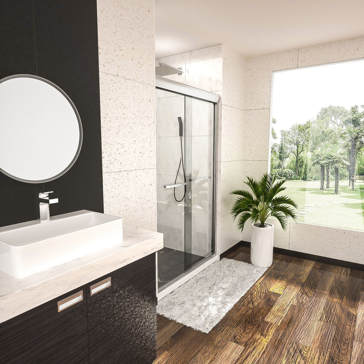 Modern Double Sliding Shower Enclosure with Tempered Glass - Pearl Silver, Gray, Black