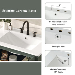 Vintage Bathroom Vanity With Ceramic Sink, Adjustable Shelves
