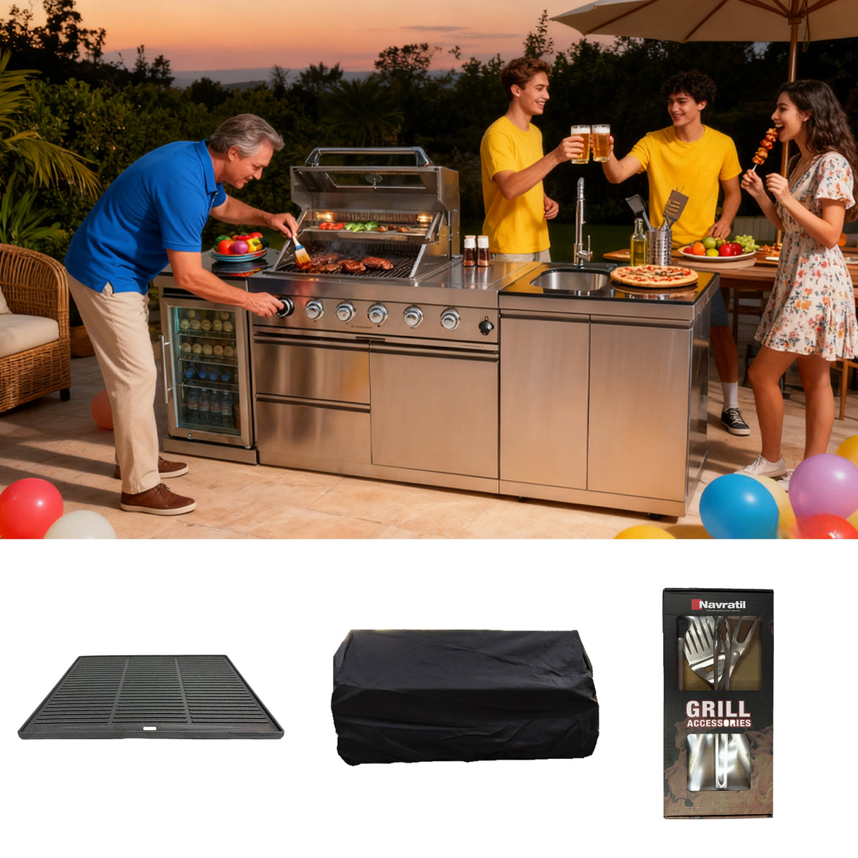 BBQ Tool Set with Cast Iron Frying Pan and Outdoor Kitchen Accessories