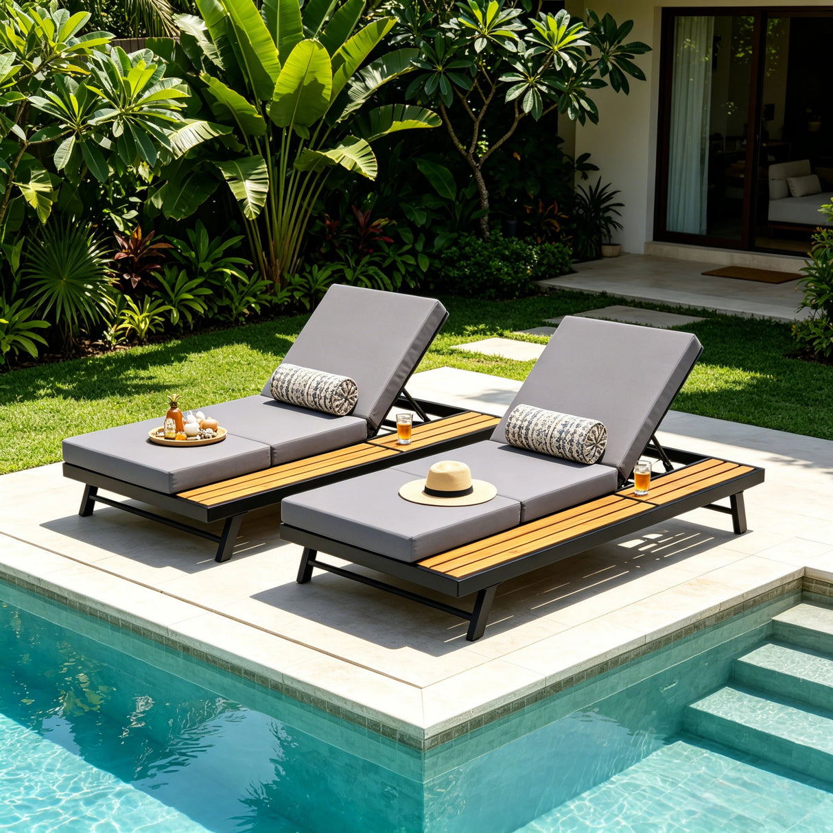 Black Iron + Teak Finish Chaise Lounge Set