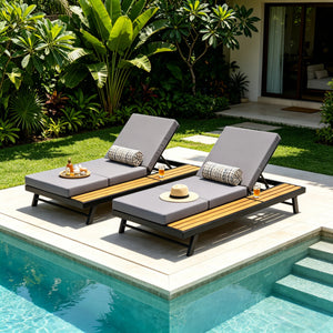 Black Iron + Teak Finish Chaise Lounge Set