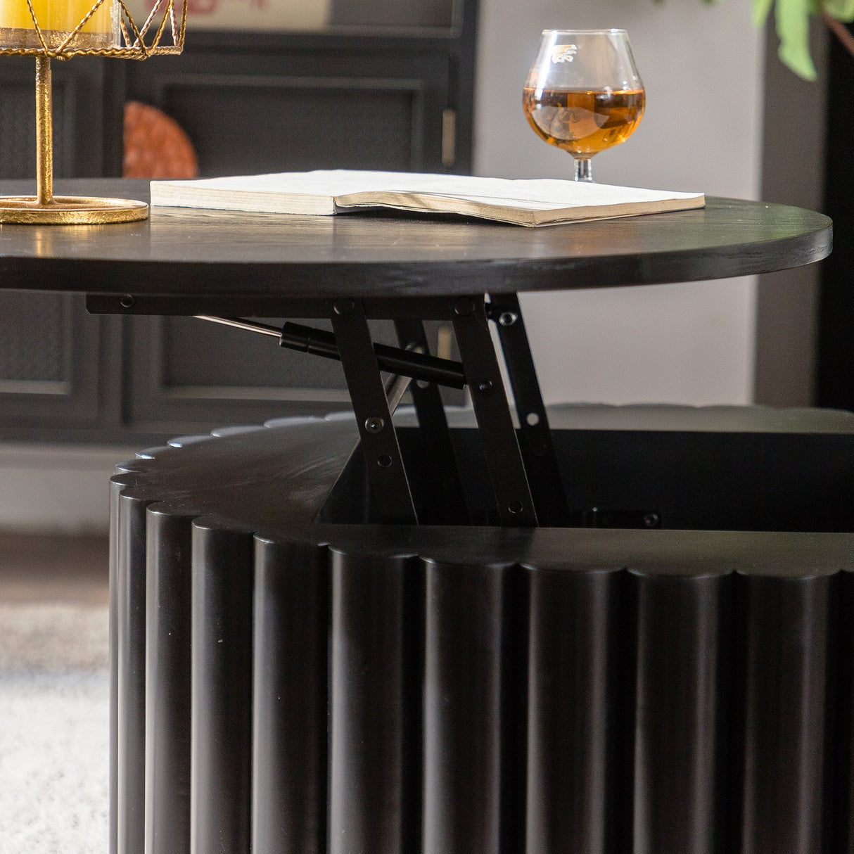 Round Coffee Table With Lift Handcrafted Relief