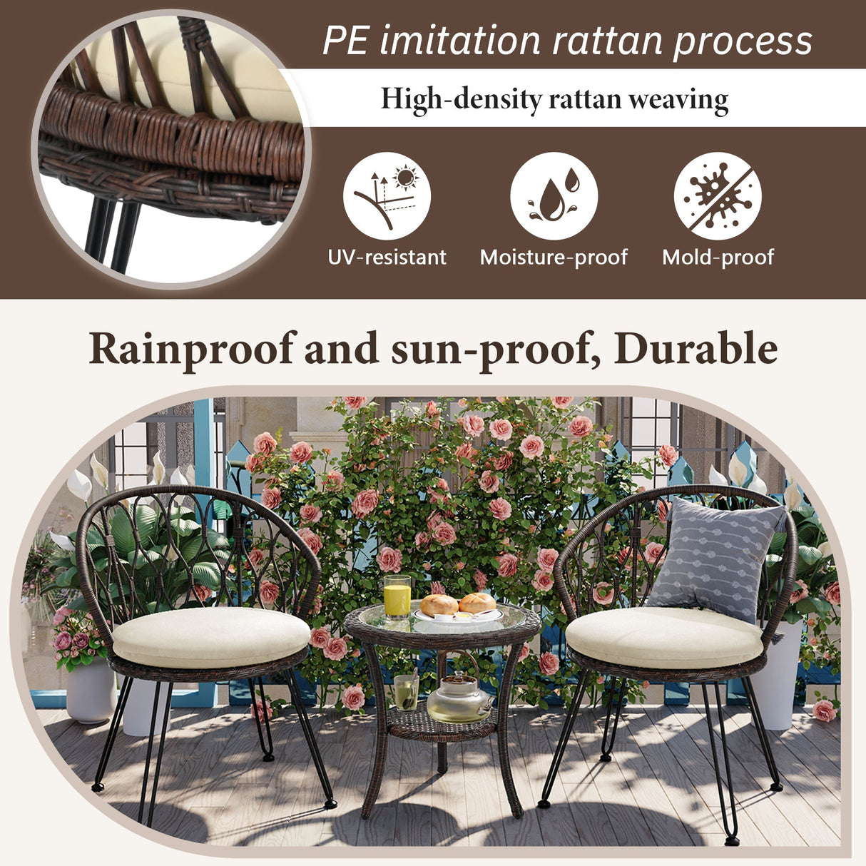 U_STYLE Outdoor Leisure Set, 2 Rattan Single Chairs with Glass Round Table