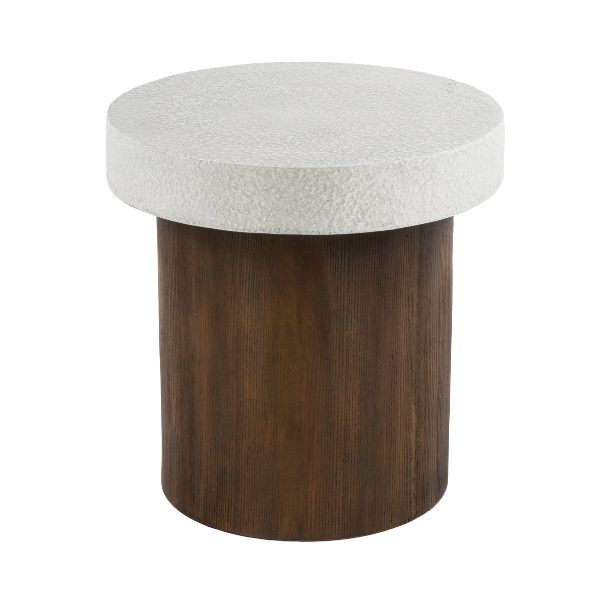 Cylindrical Side Table with Antique White Faux Stone Top and Natural Wood Base