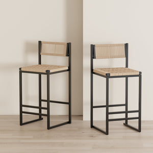 Kitchen Bar Stools with Footrest Set of 2 Paper Rope Weave Dining Chairs