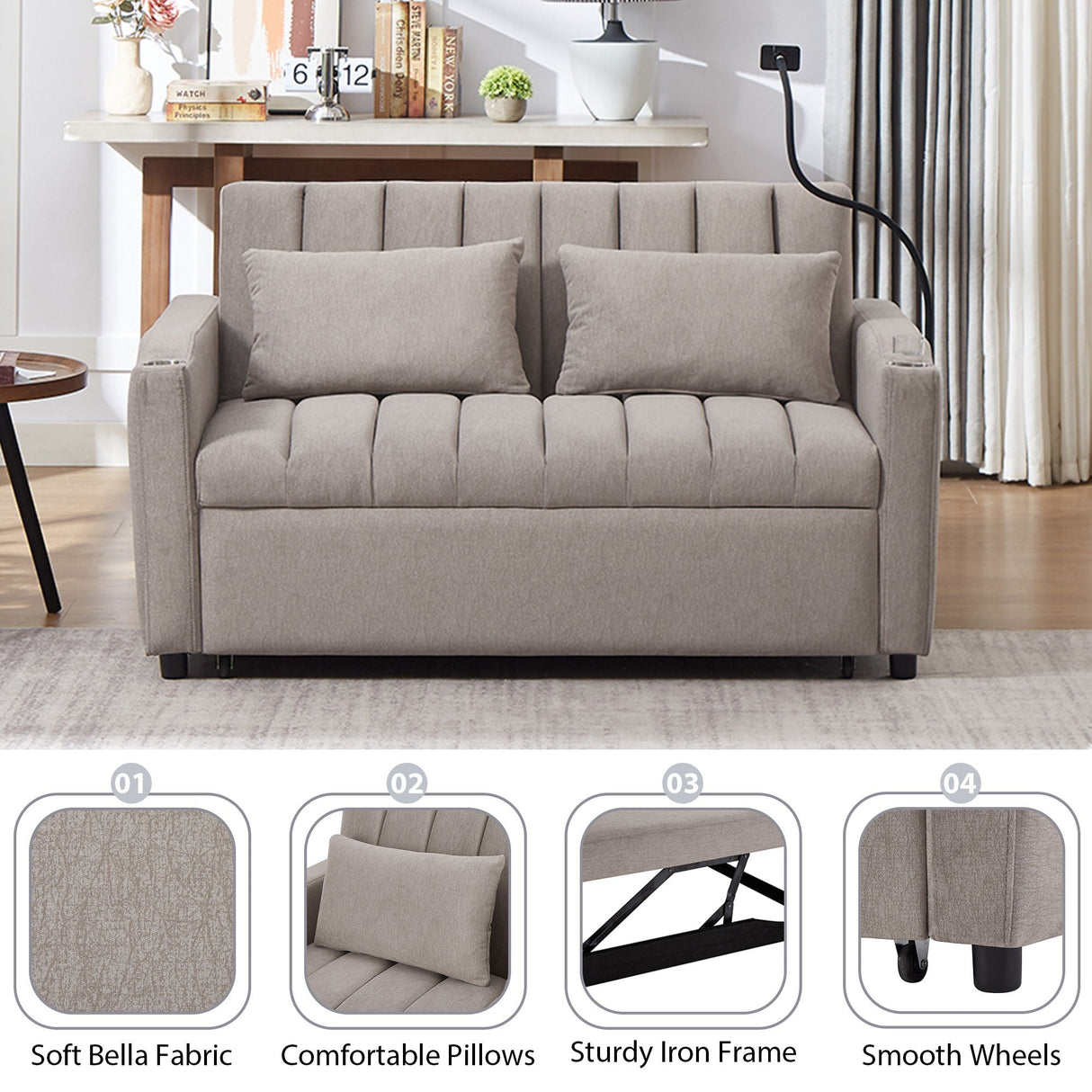 Convertible Sofa Bed Loveseat Sofa With Three USB Ports, Two Side Pockets, Two Cup Holders And 360° swivel Phone Holder For Living Room