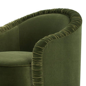 Serena 31.5" Ruched Barrel Back Accent Arm Chair with Bullion Fringe, Olive