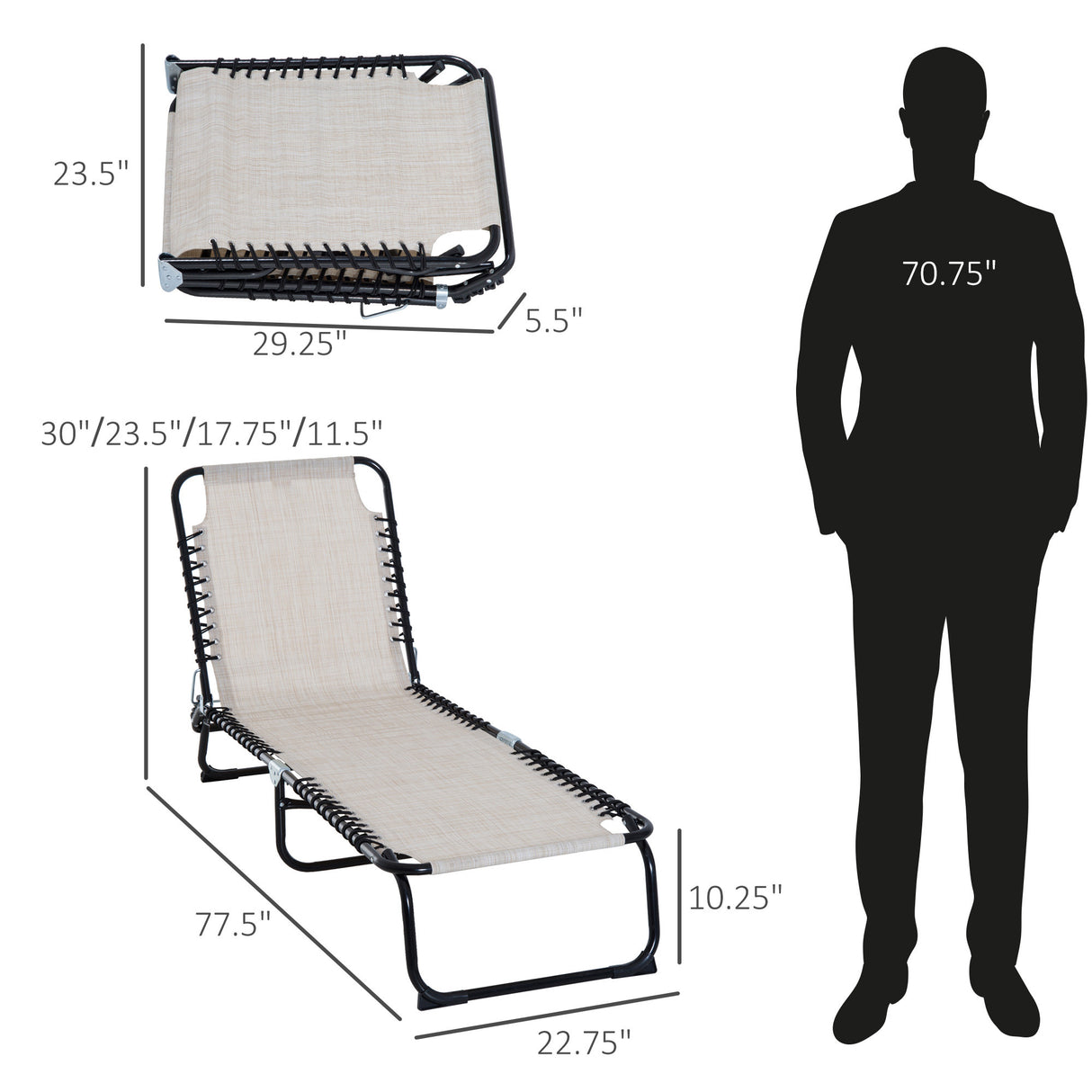 Folding chaise lounge with 4-position reclining back, breathable mesh seat