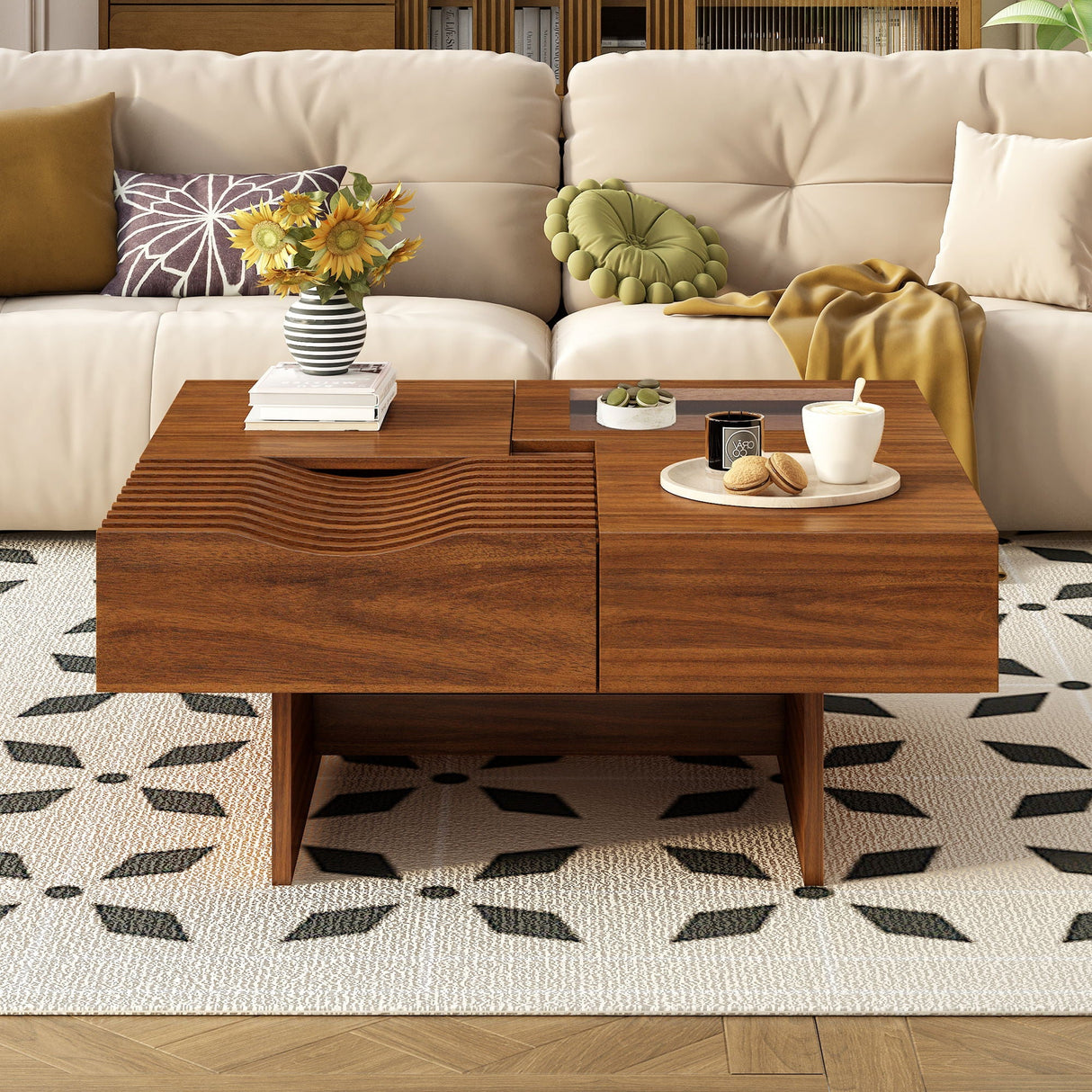 Unique Square Coffee Table With 3 Drawers