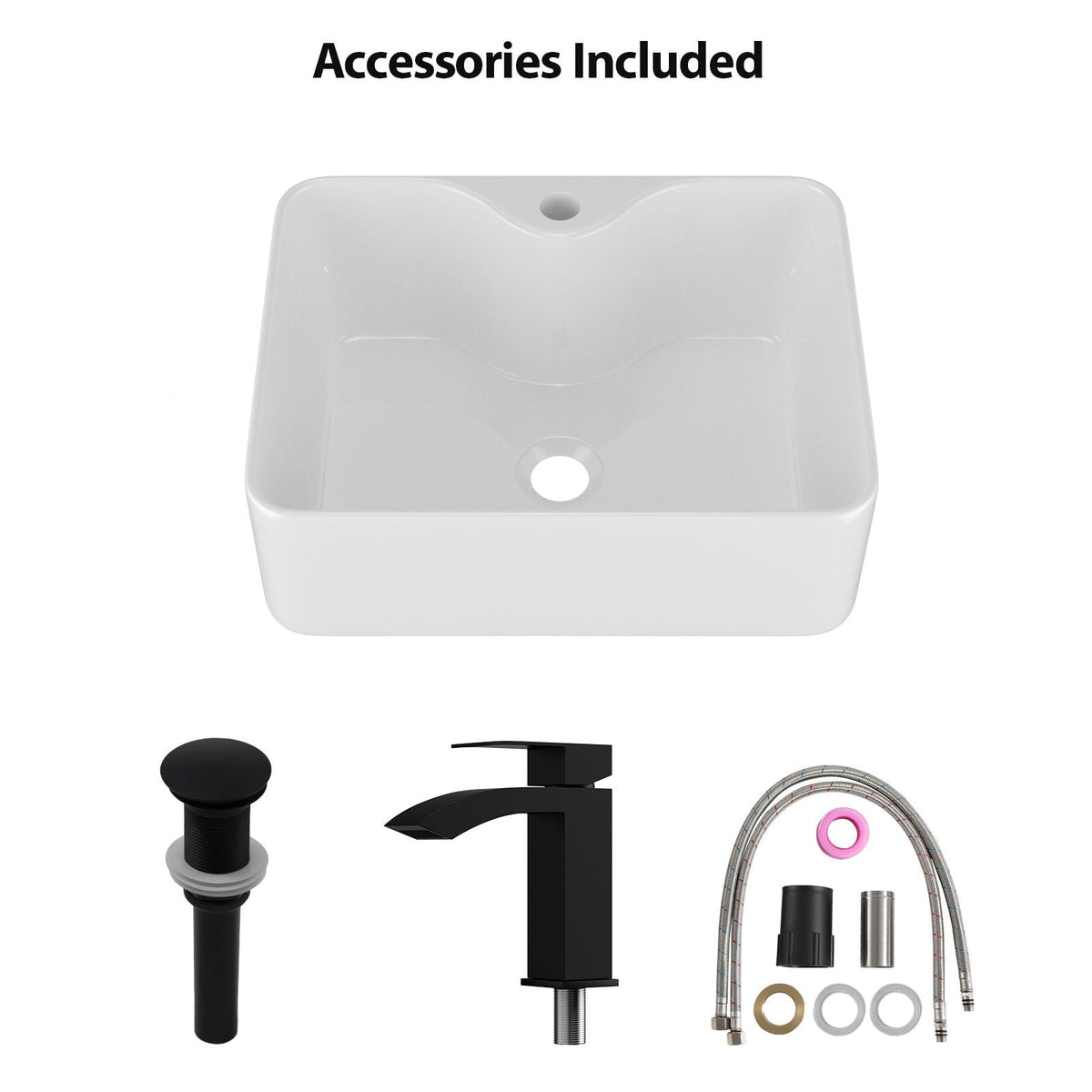 Rectangular Vessel Sink With Faucet & Drain - White / Black