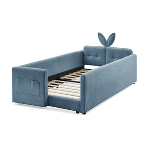 Twin Size Upholstered Platform Bed with Cute Rabbit Ear Shaped Headboard, with Safety Rail and Pocket, Boucle Fabric