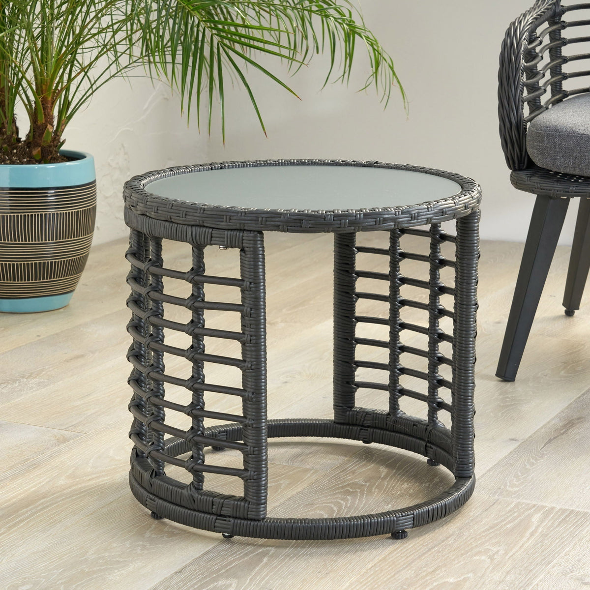 Achill Outdoor Modern Boho Wicker Side Table With Glass Top - Gray