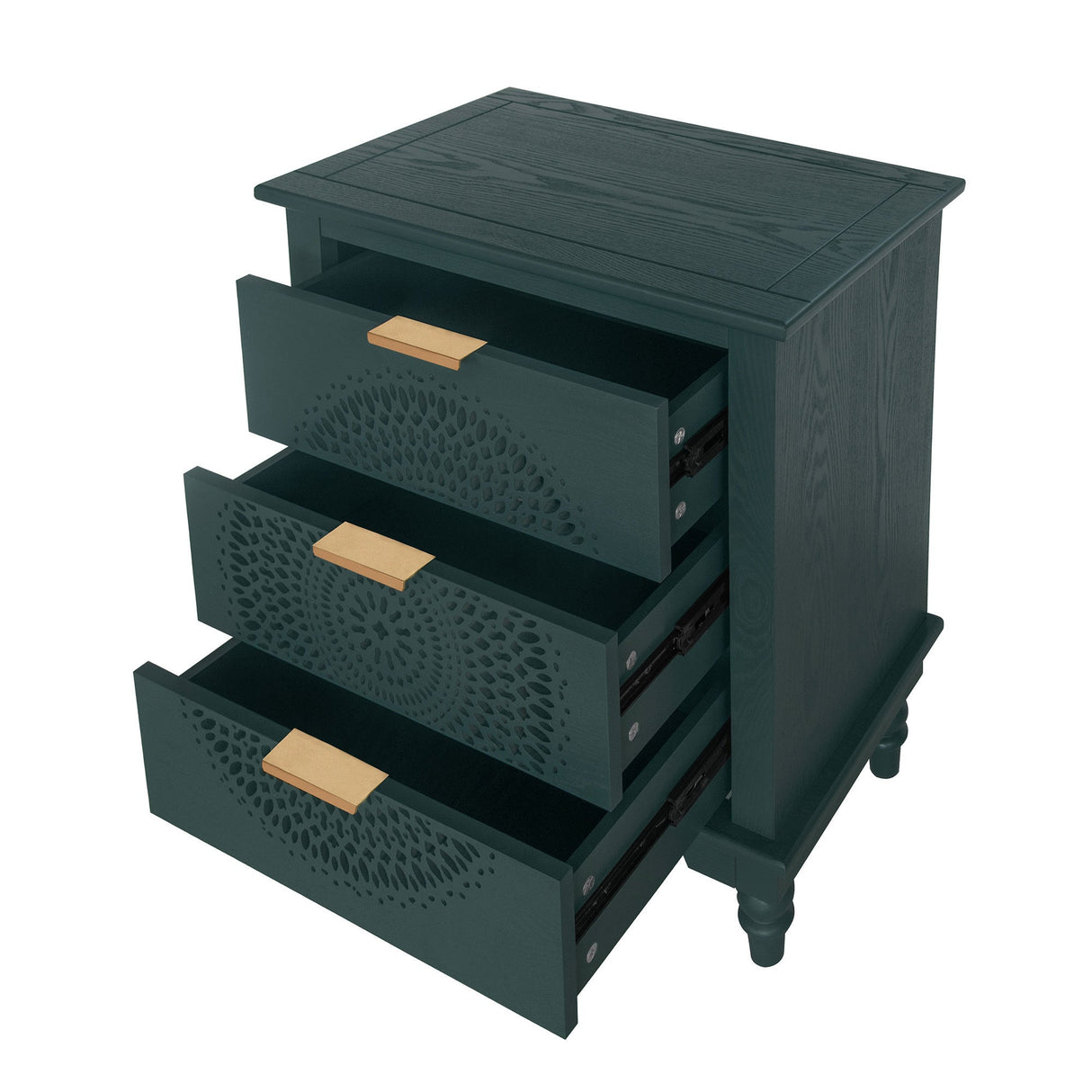 Blackish Green Hollow-Carved 3-Drawer Dresser with Metal Handles