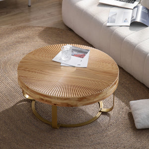 Modern Round Coffee Table with Wooden Carving Pattern and Metal Legs in Golden Natural Finish, Pine and MDF Construction